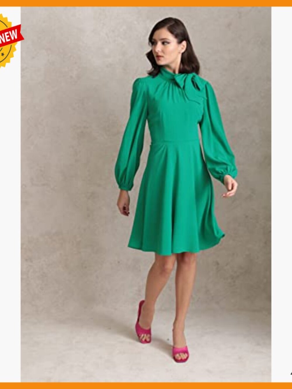 Fit & Flare Dress with Puff Sleeves, Tie Neck, Above Knee - Picture 3 of 4